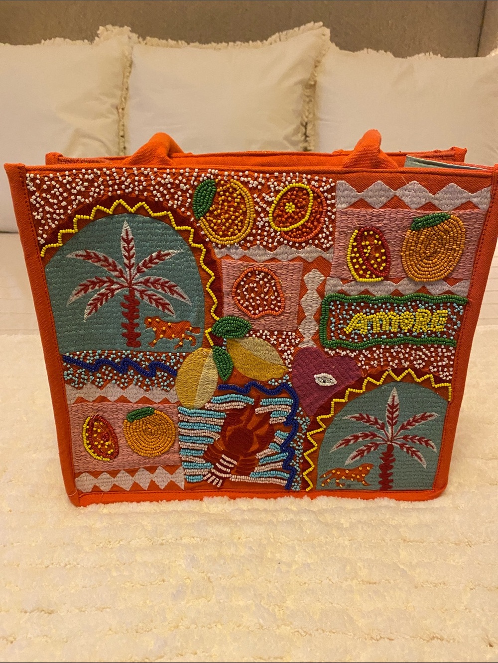 American & Beyond Orange Beaded Tropical Tote Bag NWT Resort Beach Vacation